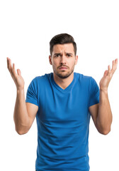 Fototapeta premium young caucasian man (25) in a fitted royal blue t-shirt shrugging, expressing doubt and helplessness on a transparent studio background with copy space. Concept of uncertainty and bewilderment