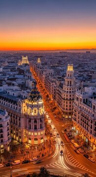 Madrid cityscape at sunset with illuminated buildings and streets.