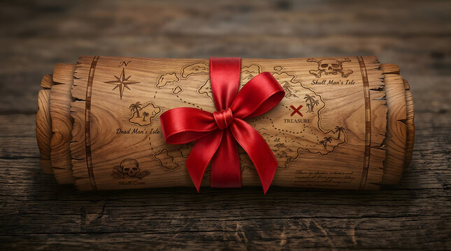 Rolled vintage treasure map tied with a bright red ribbon