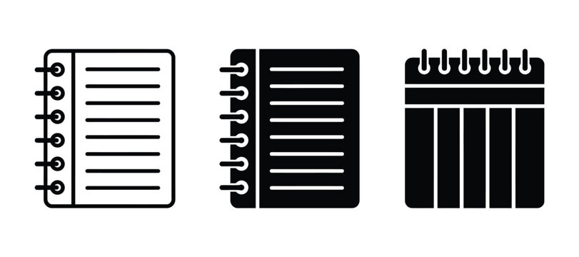 Collection of three spiral bound notepad icons with notebook stationery silhouette isolated education minimalist