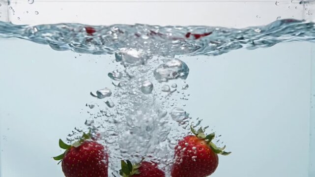 Fresh Strawberries Splashing in Clear Water