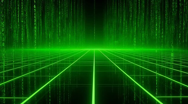 Digital matrix rain with glowing green binary code falling over a perspective grid, cyber space visualization, data stream, virtual reality backdrop