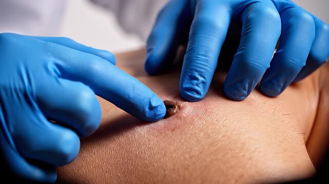 Medical professional examining suspicious mole on patient skin.