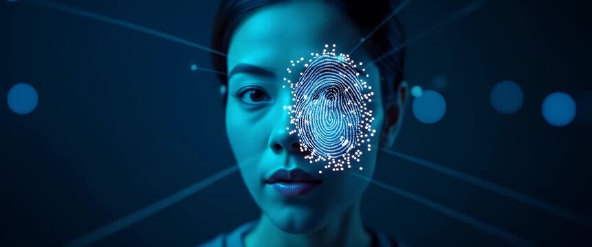 Facial recognition technology analyzing biometric data of a woman