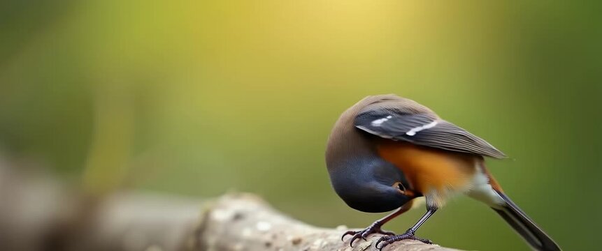 Bird grooming on a branch with blurred background
