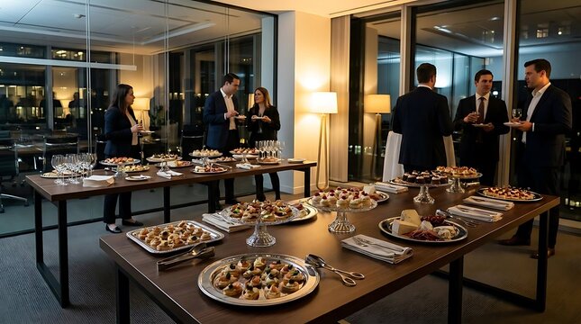 Formal gathering with appetizers in modern indoor setting