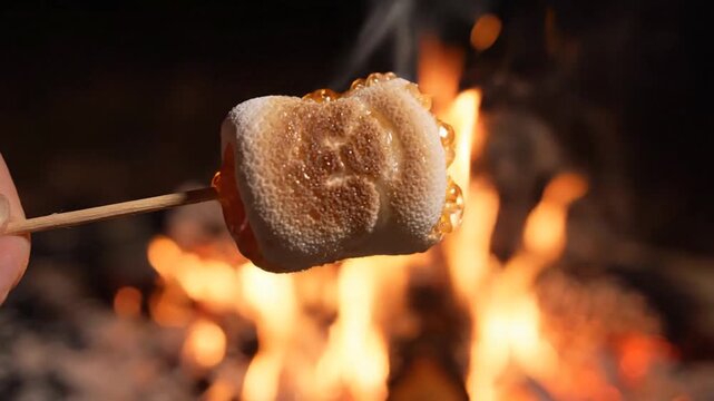 Marshmallow Roasting Over Campfire at Night