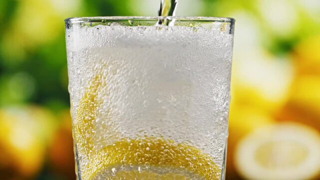 Pouring Sparkling Lemon Soda with Ice and Lemon Slices