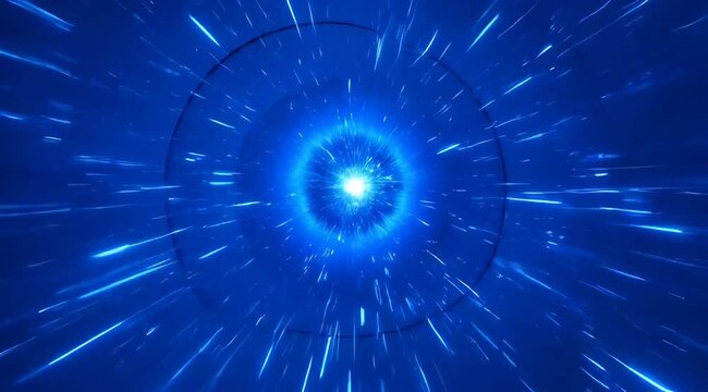dynamic blue light explosion with radiating particles in dark space, warp speed tunnel effect for futuristic backgrounds and motion graphics