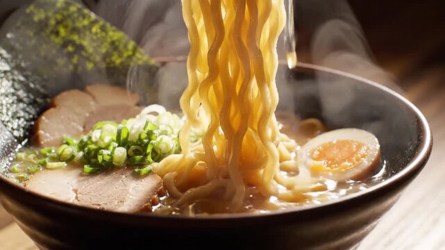 Steaming Japanese Ramen Bowl with Noodles and Toppings