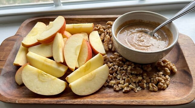 Fresh apple slices with nut butter and walnuts on wooden tray