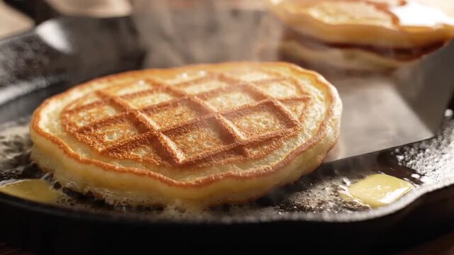 Cooking Fluffy Pancakes in a Cast Iron Skillet with Butter
