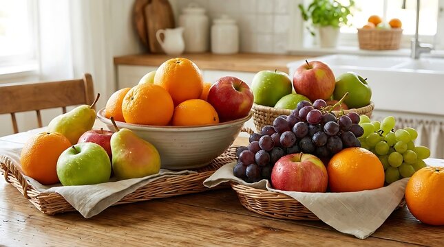 Fresh fruits displayed in woven baskets on wooden table