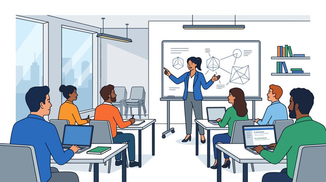 Businessman teaching in classroom setting.