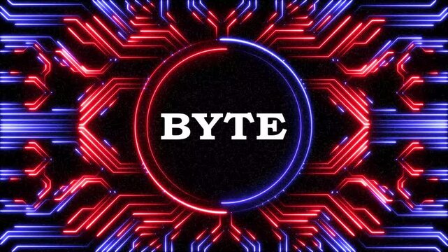 Neon blue digital circuit board glowing with flickering byte text information.