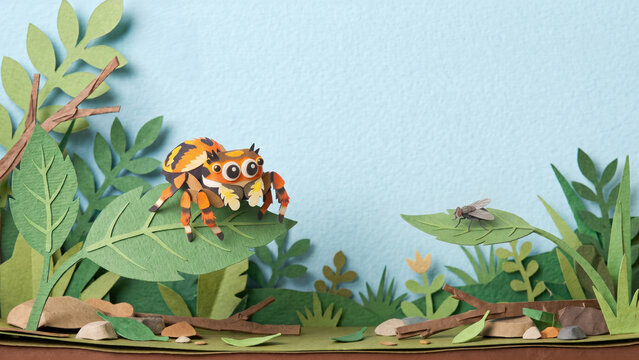 A construction paper diorama featuring a bright orange jumping spider on a large green leaf, stalking a small fly perched on a nearby leaf against a sky background.