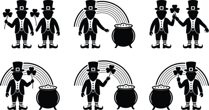St Patrick's Day leprechaun with shamrock and pot of gold silhouettes, Irish festive vector illustration set