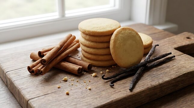 Freshly baked vanilla cookies with cinnamon sticks and vanilla beans on wooden board