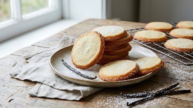 Freshly baked pastries on rustic wooden surface with vanilla beans