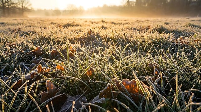 Frost covered grass field at dawn with soft golden light