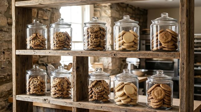 Glass jars filled with cookies and biscuits on wooden shelf