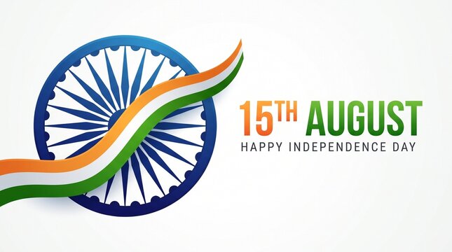 Ashoka Wheel with saffron, white and green waves. 15th August text on white background.