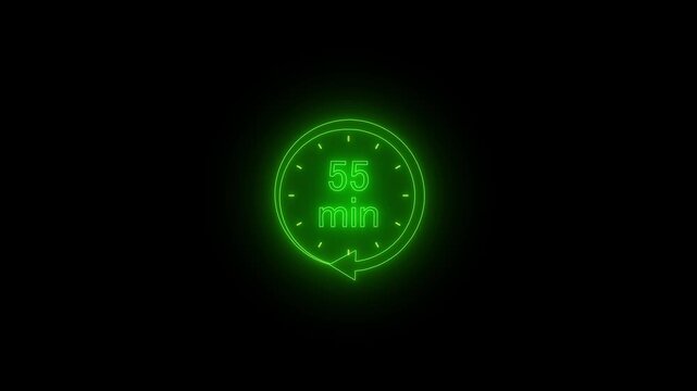 55 Minutes Neon Timer Animation with Glowing Clock Face on Black Background 4 k video..