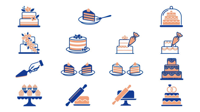 Colorful cake icons and baking tools.