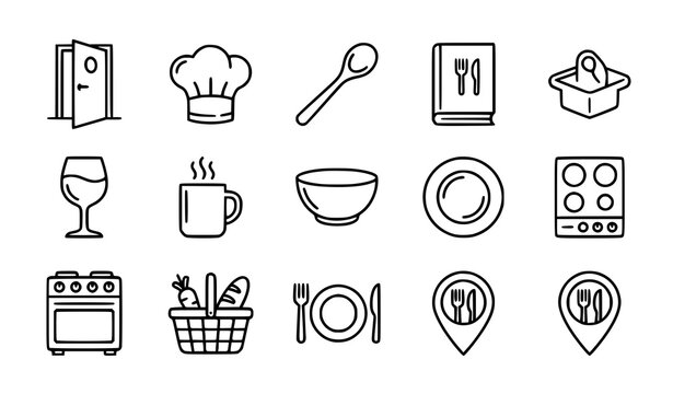 Minimal restaurant kitchen and dining thin line icon set for food hospitality vector design