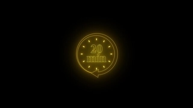 Timer 20 minutes clock with circular arrow on Black background. Clock with 20 minute and timer animation.20 Min arrow clock icon animation.4 k animation...