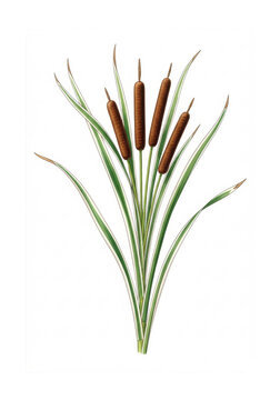 detailed illustration of a cattail plant (typha latifolia) with variegated striped leaves and deep brown fruiting heads, isolated on white, scholarly 19th-century watercolor botanical plate concept