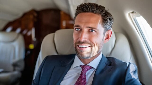 Man in Private Jet: A smiling businessman in a suit and tie sits comfortably in the luxurious cabin of a private jet, looking out with a sense of adventure and success.