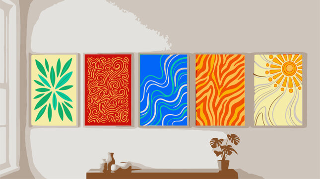 Modern abstract wall art set with five colorful artistic panels for stylish interior design.