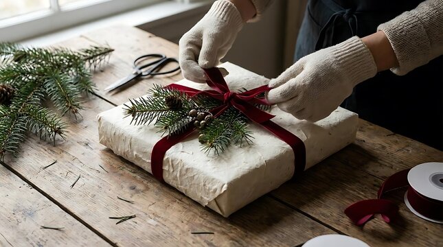 Hands wrapping gift with red ribbon and pine branches on wooden table