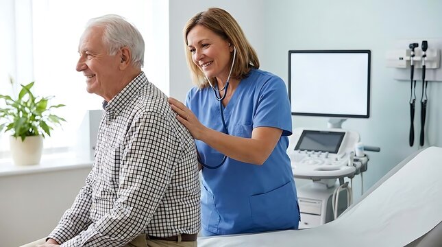 Healthcare professional performing medical examination on elderly patient