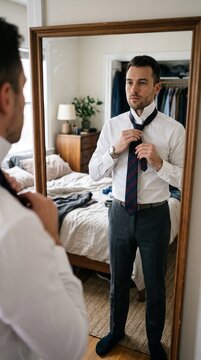 Man in white shirt and grey pants tying a striped tie in front of a mirror in a bedroom