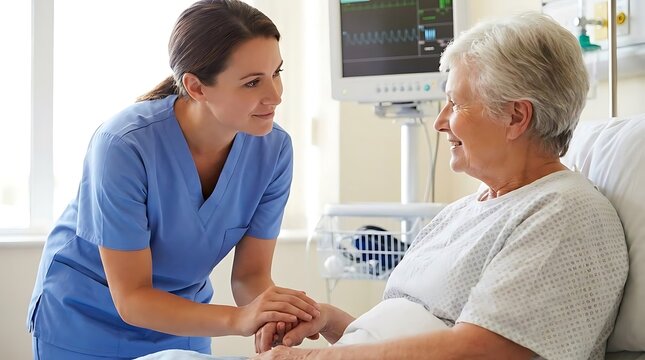 Healthcare worker providing support to elderly patient in hospital room