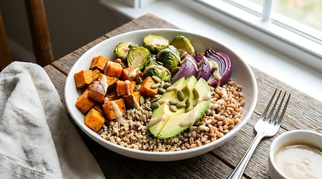 Healthy vegetable and grain bowl on wooden surface near window