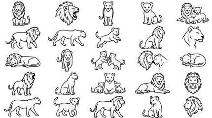 Minimalist lion line art icons, set of 25 wild cat vector illustrations, black and white safari animal sketches for logo design and branding © Noman