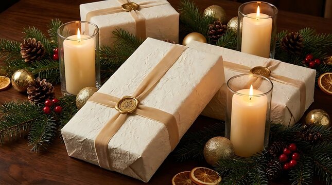 Holiday gift boxes with candles and festive decorations on wooden surface