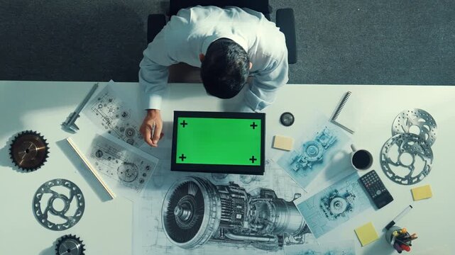Top view of skilled engineer writing in paper while looking at tablet display green screen with turbine engine sketch design and metal gear and architectural equipment scatter around. Alimentation.
