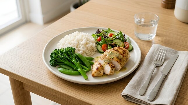 Healthy grilled chicken breast with rice and vegetables on a plate