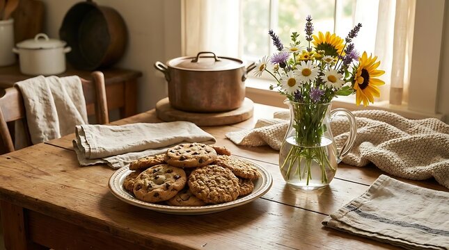 Homemade cookies on wooden table with fresh flowers and kitchenware