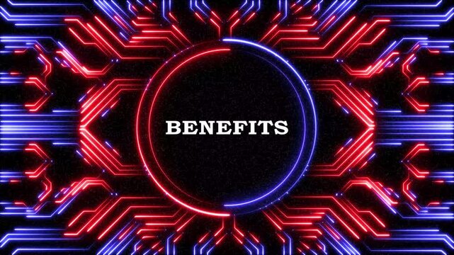 Glowing circuit board animation with circle and benefits text in center.
