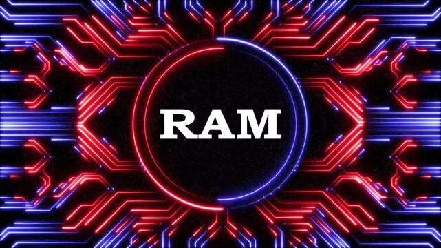 Abstract ram text revealed inside a glowing circular frame on circuit board background.
