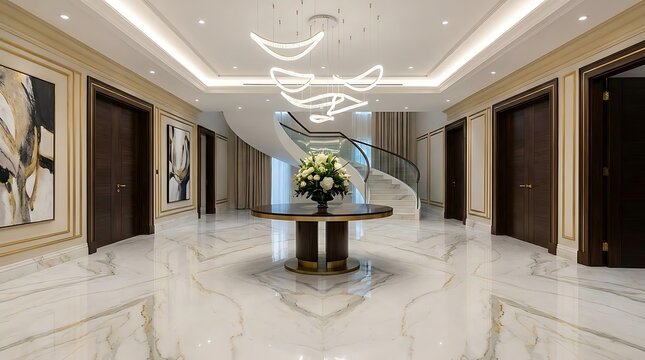 Luxurious modern hallway with marble floor and curved staircase