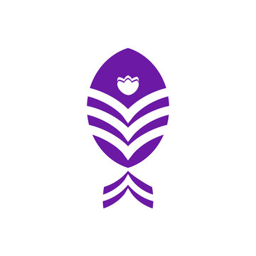 Isolated purple fish PNG icon combined with a flower bud symbol for seafood, floral, or creative brand identity design. Transparent PNG Illustration