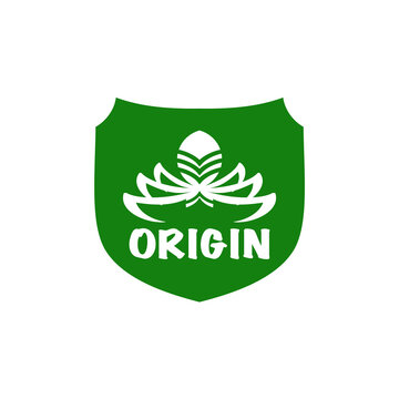 Isolated green shield PNG icon featuring a white lotus fish symbol and "ORIGIN" text for organic, natural, or eco-friendly brand identity. Transparent PNG Illustration