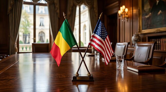 USA and Mali National Flags on Table for Diplomatic Summit Meeting in Luxury Conference Room Interior