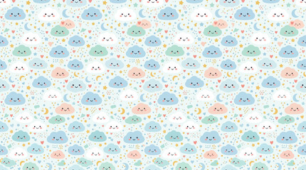 Obraz premium Cute Kawaii Clouds Pattern, Baby Pastel Sky, Stars & Moon Seamless Background